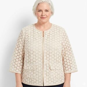 TALBOTS  Cream White Open Front Jacket Blazer Floral‎ Lace Overlay 16P Plus Size